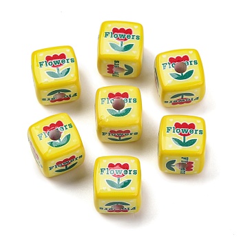 Opaque Acrylic Beads, Cube with Flower, Yellow, 14x14x14mm, Hole: 4mm