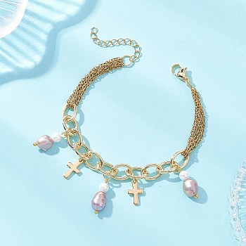 Natural Pearl Rice and 304 Stainless Steel Cross Charm Bracelets for Women, Plum, Golden, 7 inch(17.7cm)