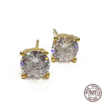 925 Sterling Silver Stud Earrings, with Cubic Zirconia, Diamond, Real 18K Gold Plated, 6x6mm