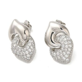 Interlocking Heart Rack Plating Brass Micro Pave Cubic Zirconia Stud Earrings for Women, Long-Lasting Plated, Lead Free & Cadmium Free, Platinum, 19.5x15mm