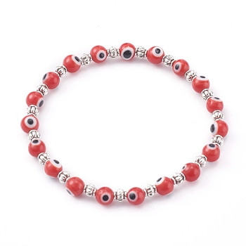 Handmade Round Evil Eye Lampwork Beaded Stretch Bracelets, with Alloy Spacer Beads, Antique Silver, Dark Red, Inner Diameter: 2 inch(5.2cm)