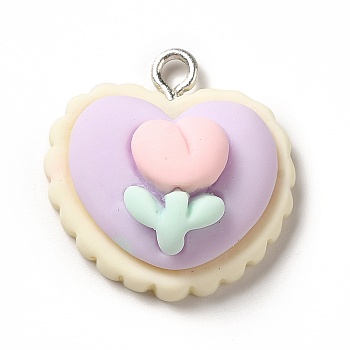 Opaque Resin Pendants, with Platinum Tone Iron Loops, Heart Charm with Flower Pattern, Lilac, 22x21x10mm, Hole: 2.2mm
