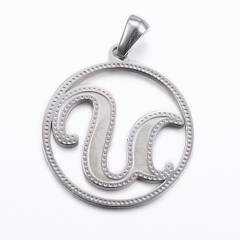 304 Stainless Steel Pendants, Flat Round with Letter, Stainless Steel Color, Letter.U, 28x25x1.2mm, Hole: 6x3.5mm