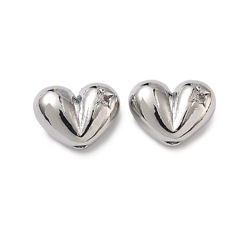 Heart Brass Micro Pave Clear Cubic Zirconia Beads, Long-Lasting Plated, Rack Plating, Lead Free & Cadmium Free, Platinum, 9x12x6mm, Hole: 1.6mm