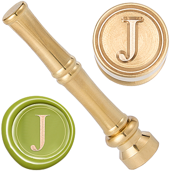 1Pc Golden Tone Brass Wax Seal Stamp Head with Bamboo Stick Shaped Handle, for Greeting Card Making, Letter J, 74.5x15mm