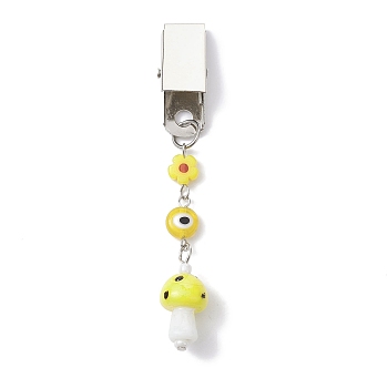 Iron ID Card Clips with Handmade Lampwork Mushroom & Evil Eye, Badge Holder Clip, Yellow, 83mm