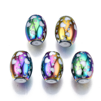Electroplate Glass Beads, Barrel with Heart Pattern, Colorful, 11x8mm, Hole: 1.2mm, about 200pcs/bag