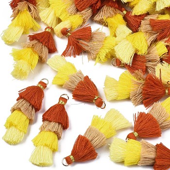 Polycotton(Polyester Cotton) Layered Tassel Big Pendant Decorations, with Iron Findings, Golden, FireBrick, 48~55x12~15mm, Hole: 2.5x4.5mm