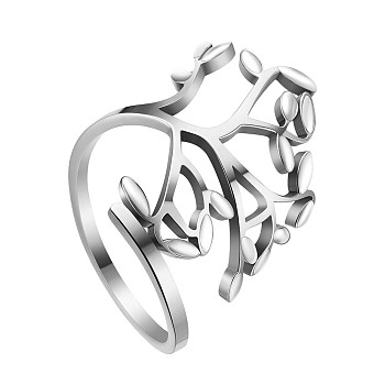 SHEGRACE Stainless Steel Cuff Rings, Open Rings, Wide Band Rings, with Enamel, Leafy Branches, White, US Size 10, Inner Diameter: 20mm