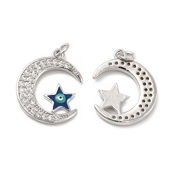 Brass Micro Pave Cubic Zirconia Pendants, with Jump Ring, with Enamel Evil Eye, Moon & Star Charm, Platinum, 21x17x2.5mm, Hole: 2.5mm