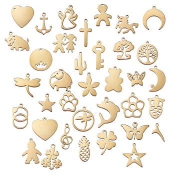36Pcs 36 Style 304 Stainless Steel Pendants, Laser Cut, Mixed Shapes, Golden, 1pc/style