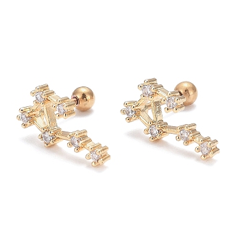 Brass Micro Pave Clear Cubic Zirconia Stud Earrings, with 304 Stainless Steel Pin and Ear Nut, Constellation/Zodiac Sign, Golden, Libra, 13x7mm, Pin: 0.8mm