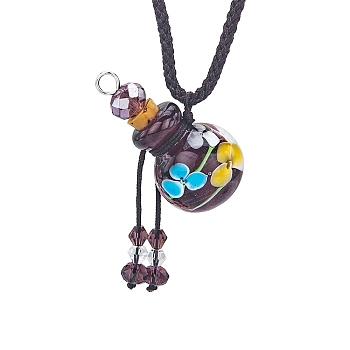Flower Pattern Handmade Lampwork Perfume Essence Bottle Pendant Necklace, Adjustable Braided Cord Necklace, Sweater Necklace for Women, Colorful, 18-7/8~26-3/4 inch(48~68cm)