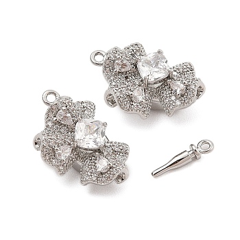 Brass Micro Pave Clear Cubic Zirconia Box Clasps, Bowknot, Platinum, 13x20.5x9.5mm, Hole: 1.2mm