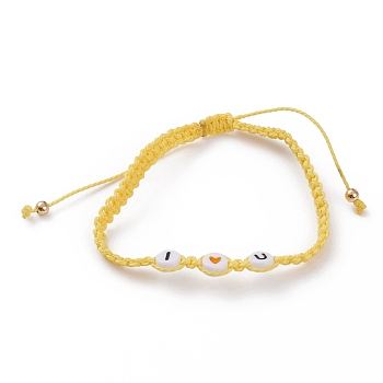 Adjustable Waxed Polyester Cord Braided Bead Bracelets, with Acrylic Enamel Flat Round Beads and Brass Round Beads, Word I Love You, Golden, Yellow, Inner Diameter: 2-1/8~4-1/8 inch(5.4~10.3cm)