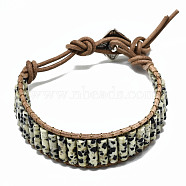 Cowhide Leather Cord Bracelets, with Column Natural Dalmatian Jasper Beads and Alloy Findings, 9~11 inch(23~28cm)(BJEW-R309-01B-08)