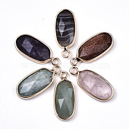 Natural & Synthetic Mixed Gemstone Pendants, with Light Gold Plated Brass Edge and Loop, Oval, Faceted, 18x8x4mm, Hole: 1.6mm(G-N326-45)