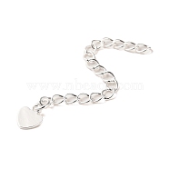 Rack Plating Brass Curb Chain Extender, End Chains with Heart Drop, 925 Sterling Silver Plated, 59mm(KK-Q807-09S)