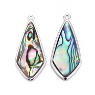 Natural Abalone Shell/Paua Shell Pendants, with Brass Findings, Kite, Platinum, 30x13.5x4mm, Hole: 1.4mm(BSHE-F011-01B-P)