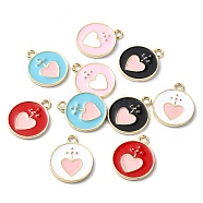 Rack Plating Alloy Enamel Pendants, Nickel Free, Flat Round with Heart Charm, Golden, Mixed Color, 19x16x2mm, Hole: 2mm(PALLOY-F308-01G)