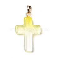 Two Tone Transparent Glass Pendants, with Golden Plated Iron Findings, Cross, Yellow, 28.5x18x4.5mm, Hole: 5.5x3mm(GLAA-A004-02G)