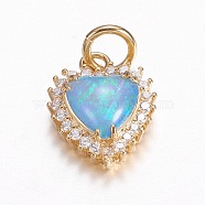 Brass Micro Pave Cubic Zirconia Charms, with Synthetic Opal, Heart, Golden, Light Sky Blue, 14x11.5x5mm, Hole: 4mm(ZIRC-G141-01G-A)