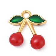 Brass Enamel Pendants, Cherry Charms, Real 18K Gold Plated, 15.5x14.5x4.5mm, Hole: 2mm(KK-U054-02G-02)