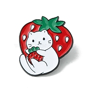 Black Alloy Brooches, Cat Shape with Strawberry Enamel Pins, for Backpack Clothes, White, 31.5x29x1.5mm(JEWB-G036-09C)