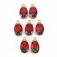 Rack Plating Brass Micro Pave Clear Cubic Zirconia Pendants, with Faceted Glass, Long-Lasting Plated, Cadmium Free & Lead Free, Oval, Dark Red, 20x10x7.5mm, Hole: 1.5mm(KK-T060-62F-RS)