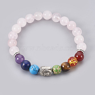 Natural Rose Quartz Stretch Bracelets, Chakra Jewelry, with Mixed Stone and Resin Beads, Metal Findings and Burlap Packing, Round, Buddha, 2 inch~2-1/8 inch(5.2~5.5cm)(BJEW-JB03905-02)