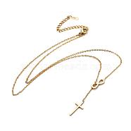 304 Stainless Steel Cable Chains Lariat Necklaces, with Lobster Claw Clasps, Infinity with Cross, Golden, 17.3 inch(44cm), 1mm(NJEW-F267-17G)