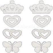 Fingerinspire 8Pcs 4 Style Glitter Hotfix Rhinestone, Iron on Patches, Dress Shoes Garment Decoration, with Imitation Pearl Beads, Crown & Butterfly & Double & Heart, White, 56~69x69~90x3~4mm, 2pcs/style(DIY-FG0002-32)