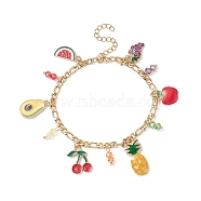 Watermelon & Avocado & Pineapple & Cherry Alloy Enamel Charm Bracelet, Fruit Theme Bracelet with 304 Stainless Steel Figaro Chains for Women, Colorful, 7-1/4 inch(18.5cm)(BJEW-TA00209)