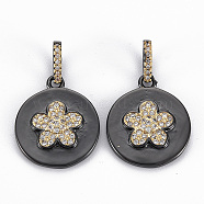 Brass Micro Pave Clear Cubic Zirconia Pendants, Nickel Free, Real 16K Gold Plated, Flat Round with Flower, Gunmetal, 20x17x3.5mm, Hole: 3x6mm(ZIRC-Q200-039-NF)