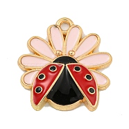 Alloy Enamel Pendants, Golden, Sunflower with Ladybug Charm, Misty Rose, 22x21x3.5mm, Hole: 1.9mm(ENAM-H045-04B-G02)