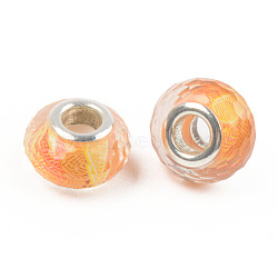 Resin European Beads, Large Hole Beads, with Silver Color Plated Brass Cores, Faceted, Rondelle, Orange, 14x9mm, Hole: 5mm(RPDL-S010-27)
