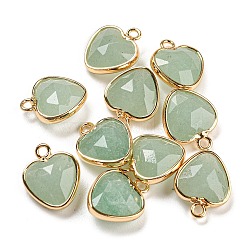 Natural Green Aventurine Faceted Heart Charms, with Golden Tone Brass Edge, 13.5x11x5mm, Hole: 1.6mm(G-Q006-07G-07)