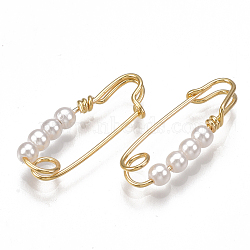Brass Brooches, with ABS Plastic Imitation Pearl, Nickel Free, Real 18K Gold Plated, 21~22x7~8mm, Pin: 0.7mm(KK-T038-451G)