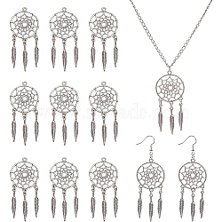 Tibetan Style Alloy Pendants, Woven Net/Web with Feather, Thailand Sterling Silver Plated, 63x28x1.5mm, Hole: 2mm, 16pcs/box(TIBEP-BC0001-02)