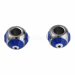 201 Stainless Steel Enamel Beads, Round with Evil Eye, Golden, Stainless Steel Color, Dark Blue, 8.5x8.5x6mm, Hole: 3mm(STAS-N087-59-03P)