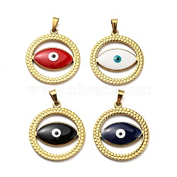 Ion Plating(IP) 304 Stainless Steel Pendants, with Enamel, Flat Round with Evil Eye Charm, Golden, Mixed Color, 28.5x25.5x3mm, Hole: 5x3.5mm(STAS-C078-03G)