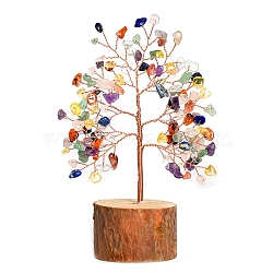 Natural Gemstone Chips Tree of Life Decorations, Column Wood Base with Copper Wire Feng Shui Energy Stone Gift for Home Office Desktop Decoration, 60x160mm(PW-WG59627-07)