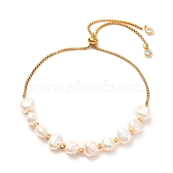 Natural Pearl Beads Adjustable Slider Bracelet for Girl Women Gift, Brass  Charms, 304 Stainless Steel Cubic Zirconia Box Chain Bracelet, White, 0.79~3.23 inch(20~82mm)(BJEW-JB06820-01)