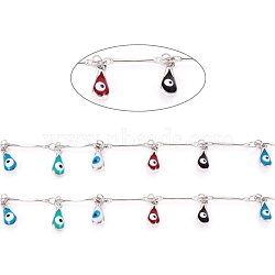 Handmade Brass Bar Link Chains, with Enamel Charms and Spool, Soldered, Long-Lasting Plated, Teardrop with Evil Eye, Platinum, 12.5x2x1.5mm, about 32.8 Feet(10m)/roll(CHC-D026-05P)