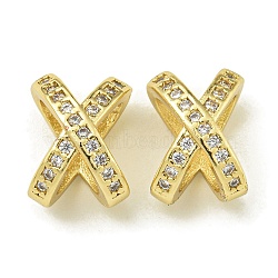 Letter X Rack Plating Brass Micro Pave Cubic Zirconia Europen Beads, Large Hole Beads, Long-Lasting Plated, Lead Free & Cadmium Free, Real 18K Gold Plated, 10.5x7.5x6.5mm, Hole: 4mm(KK-K386-15G-01)