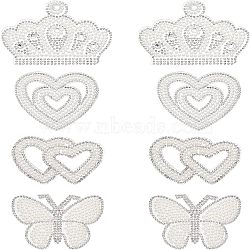 Fingerinspire 8Pcs 4 Style Glitter Hotfix Rhinestone, Iron on Patches, Dress Shoes Garment Decoration, with Imitation Pearl Beads, Crown & Butterfly & Double & Heart, White, 56~69x69~90x3~4mm, 2pcs/style(DIY-FG0002-32)