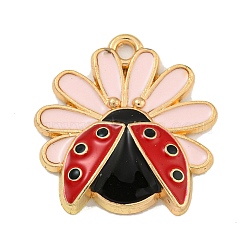 Alloy Enamel Pendants, Golden, Sunflower with Ladybug Charm, Misty Rose, 22x21x3.5mm, Hole: 1.9mm(ENAM-H045-04B-G02)