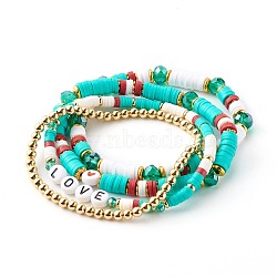 Stretch Beaded Bracelets Sets, Stackable Bracelets, with Polymer Clay Heishi Beads, Glass & Brass Beads, Word Love, Golden, Turquoise, Inner Diameter: 2~2-1/4 inch(5~5.7m), 4pcs/set(BJEW-JB06202)