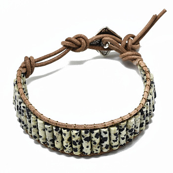 Cowhide Leather Cord Bracelets, with Column Natural Dalmatian Jasper Beads and Alloy Findings, 9~11 inch(23~28cm)