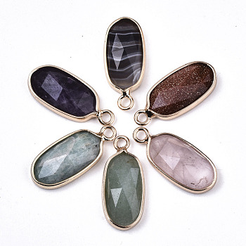 Natural & Synthetic Mixed Gemstone Pendants, with Light Gold Plated Brass Edge and Loop, Oval, Faceted, 18x8x4mm, Hole: 1.6mm